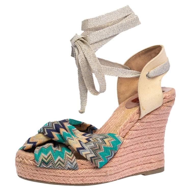 Pre Owned Missoni Multicolor Lurex Fabric And Canvas Knotted Espadrille Wedge Ankle Wrap Sandals Size 38