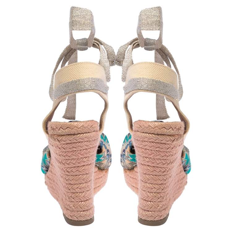 Pre Owned Missoni Multicolor Lurex Fabric And Canvas Knotted Espadrille Wedge Ankle Wrap Sandals Size 38