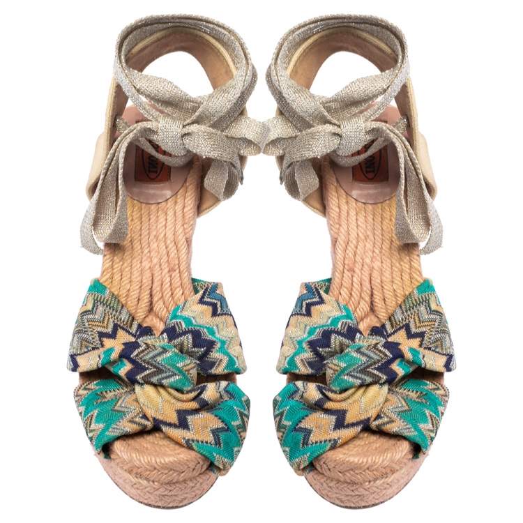 Pre Owned Missoni Multicolor Lurex Fabric And Canvas Knotted Espadrille Wedge Ankle Wrap Sandals Size 38