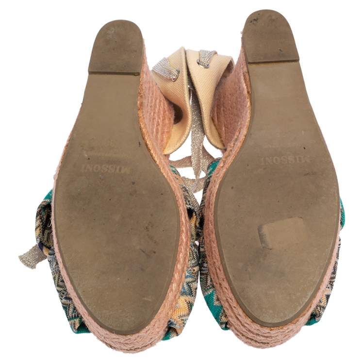 Pre Owned Missoni Multicolor Lurex Fabric And Canvas Knotted Espadrille Wedge Ankle Wrap Sandals Size 38