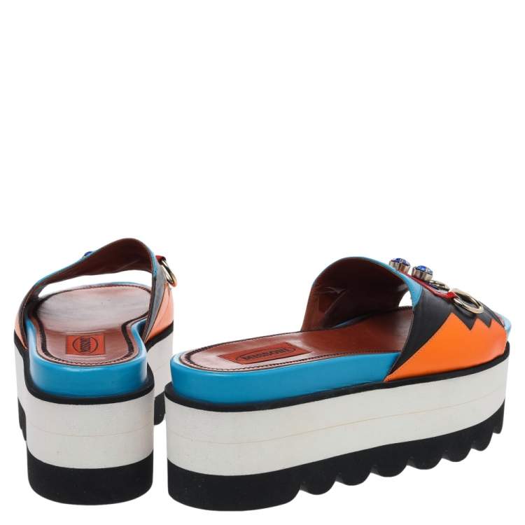 Pre Owned Missoni Multicolor Zig Zag Print Leather Platform Slides Size 36