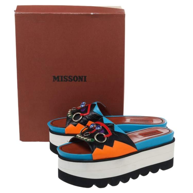 Pre Owned Missoni Multicolor Zig Zag Print Leather Platform Slides Size 36