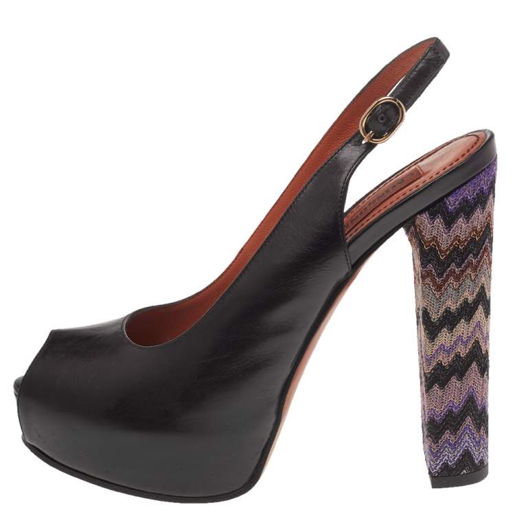 Pre Owned Missoni Black Leather Peep Toe Platform Slingback Sandals Size 38