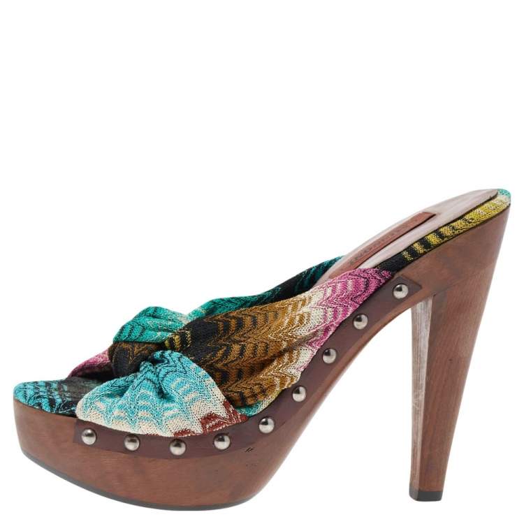 Pre Owned Missoni Multicolor Knit Fabric Bow Slingback Sandals Size 37