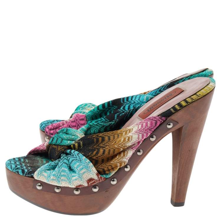 Pre Owned Missoni Multicolor Knit Fabric Bow Slingback Sandals Size 37