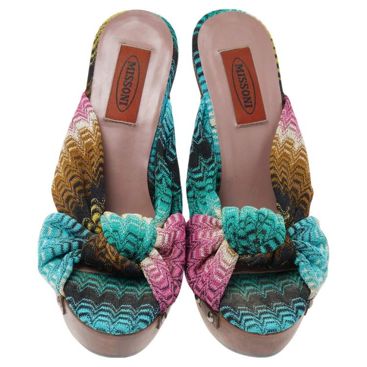 Pre Owned Missoni Multicolor Knit Fabric Bow Slingback Sandals Size 37