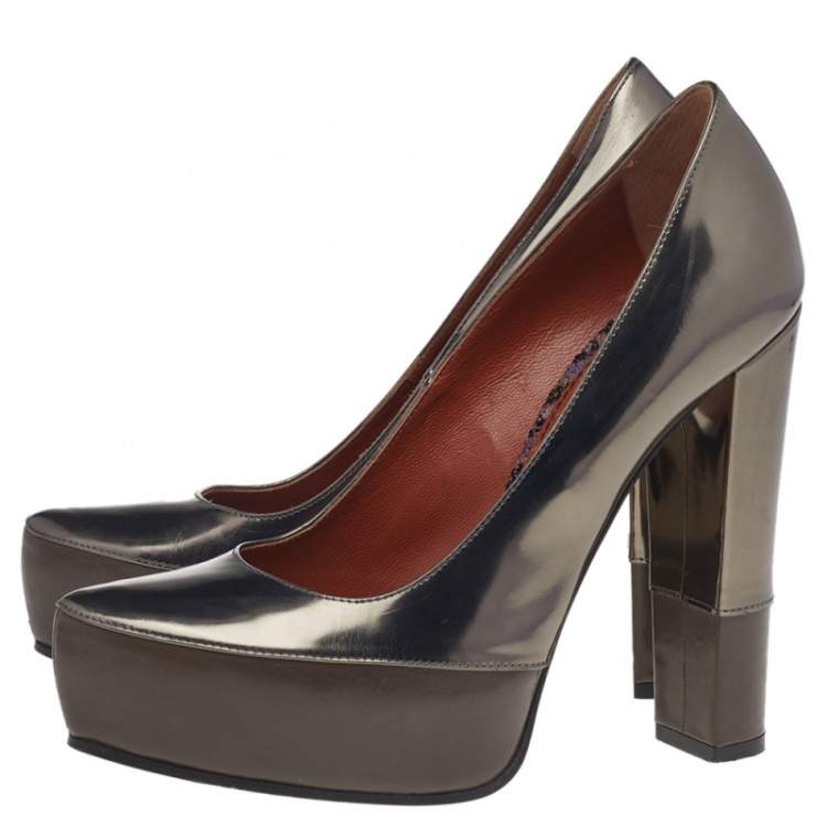 Pre Owned Missoni Metallic Brown Foil Leather Block Heel Pumps Size 38