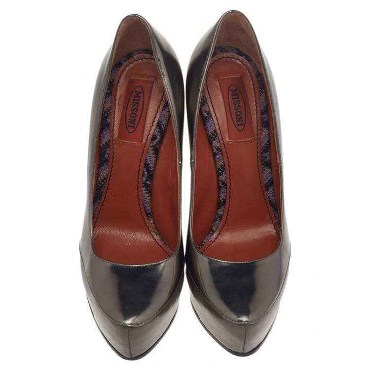 Pre Owned Missoni Metallic Brown Foil Leather Block Heel Pumps Size 38