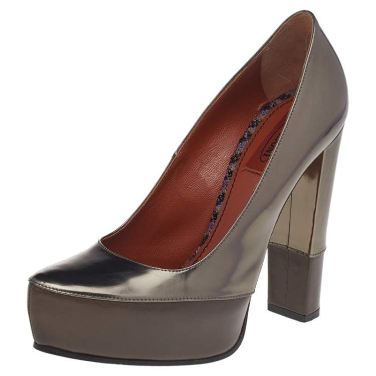 Pre Owned Missoni Metallic Brown Foil Leather Block Heel Pumps Size 38