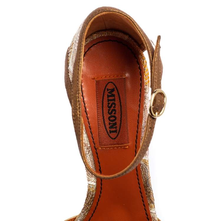 مملوكة مسبقًا Missoni Gold and Bronze Fabric And Leather Ankle Strap  Sandals Size 37