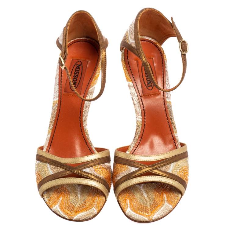 مملوكة مسبقًا Missoni Gold and Bronze Fabric And Leather Ankle Strap  Sandals Size 37