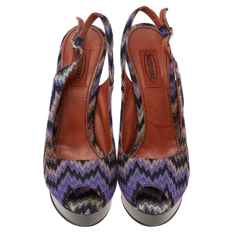 Pre Owned Missoni Multicolour Knit Fabric Peep Toe Platform Slingback Sandals Size 38