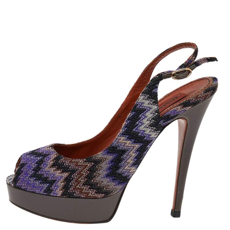 Pre Owned Missoni Multicolour Knit Fabric Peep Toe Platform Slingback Sandals Size 38
