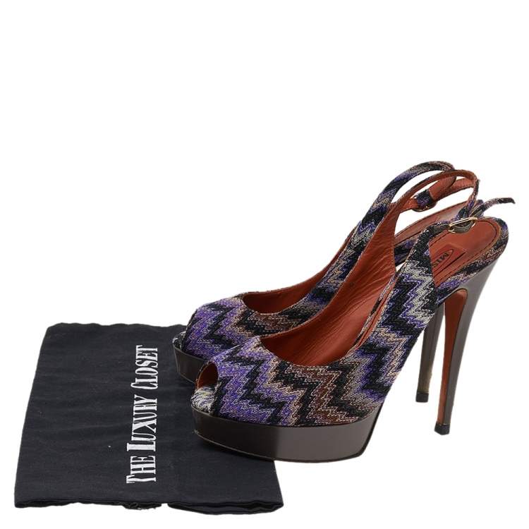 Pre Owned Missoni Multicolour Knit Fabric Peep Toe Platform Slingback Sandals Size 38