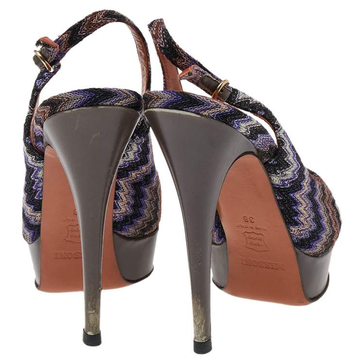 Pre Owned Missoni Multicolour Knit Fabric Peep Toe Platform Slingback Sandals Size 38