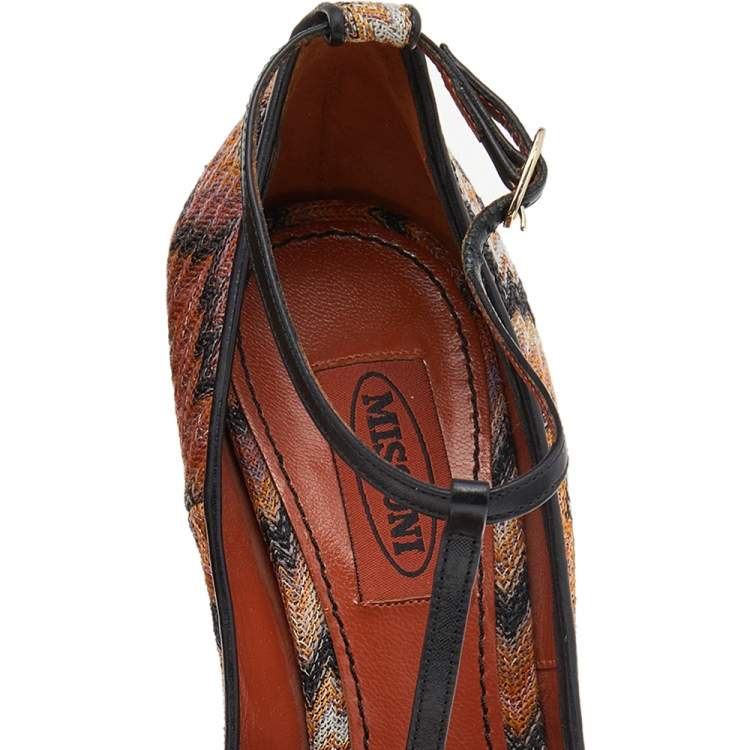 Pre Owned Missoni Black/Orange Fabric And Leather Ankle T-Strap Pumps Size 37.5