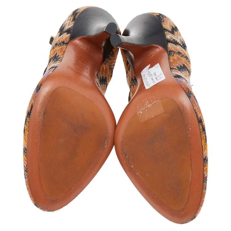 Pre Owned Missoni Black/Orange Fabric And Leather Ankle T-Strap Pumps Size 37.5