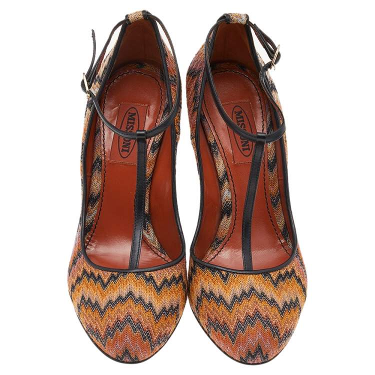 Pre Owned Missoni Black/Orange Fabric And Leather Ankle T-Strap Pumps Size 37.5