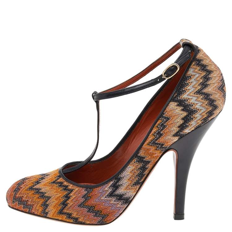 Pre Owned Missoni Black/Orange Fabric And Leather Ankle T-Strap Pumps Size 37.5