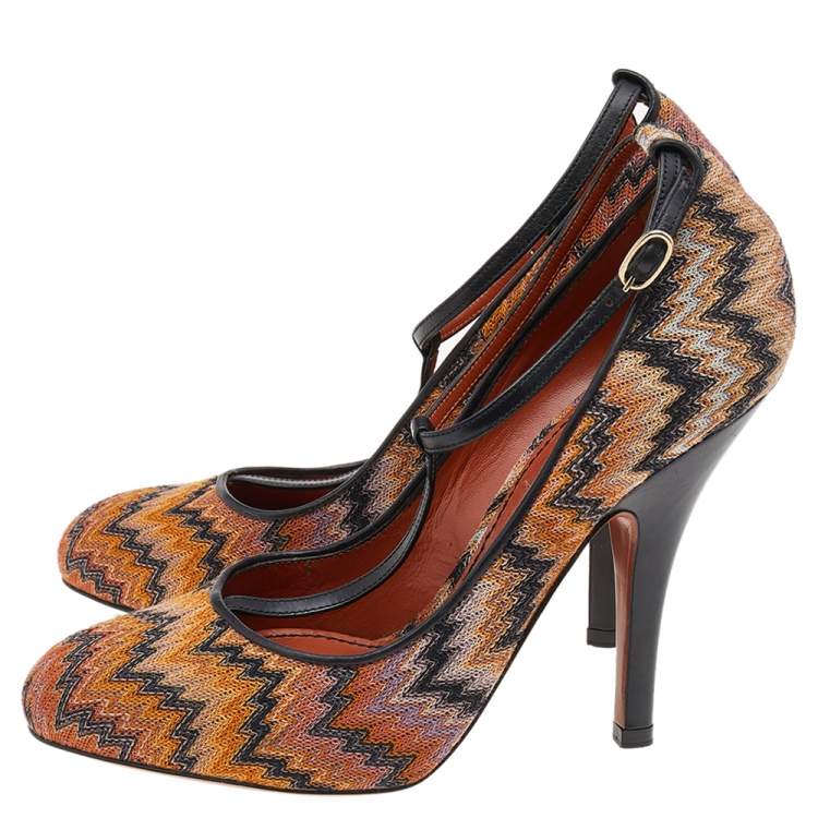 Pre Owned Missoni Black/Orange Fabric And Leather Ankle T-Strap Pumps Size 37.5