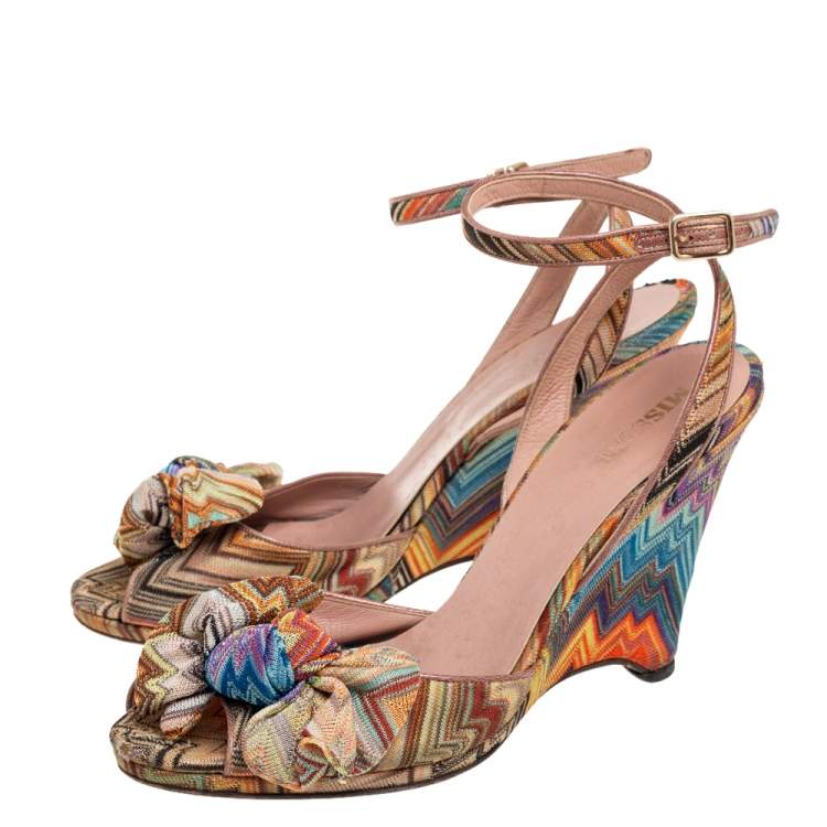 Pre Owned Missoni Multicolor Knit Fabric Knotted Bow Wedge Ankle Strap Sandals Size 40.5