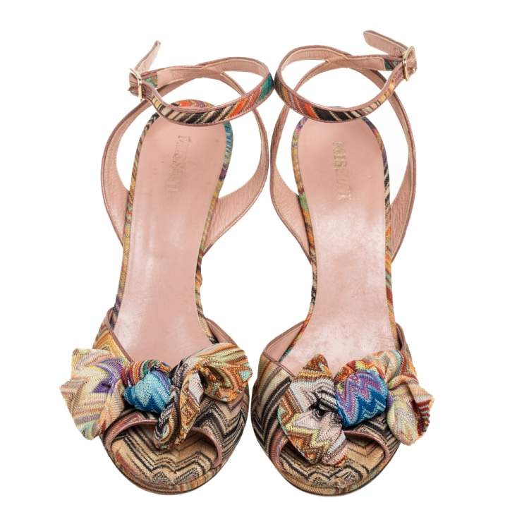 Pre Owned Missoni Multicolor Knit Fabric Knotted Bow Wedge Ankle Strap Sandals Size 40.5