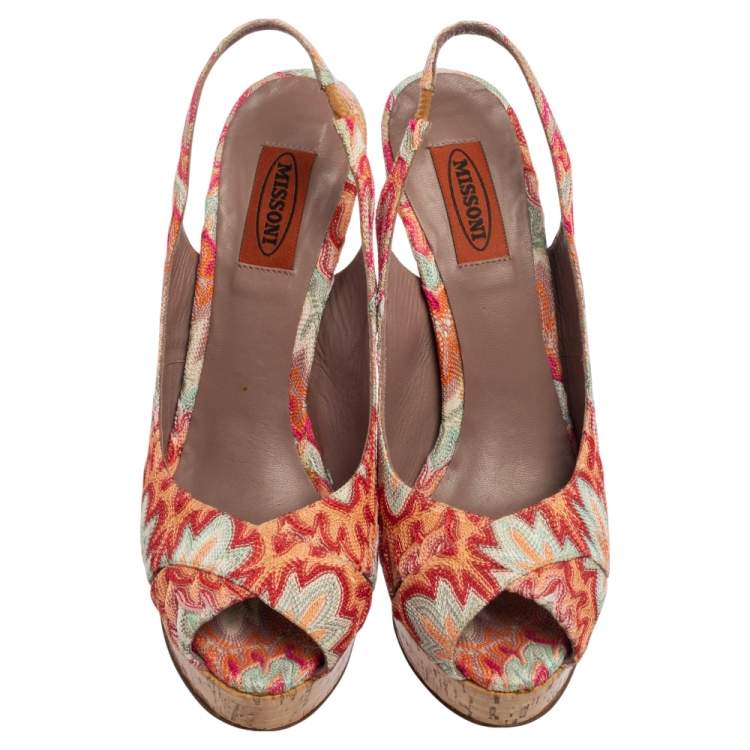 Pre Owned Missoni Multicolor Weave Fabric Peep-Toe Platform Slingback Sandals Size 39