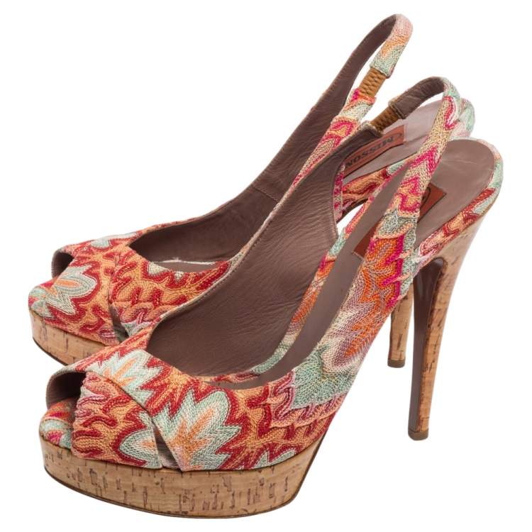 Pre Owned Missoni Multicolor Weave Fabric Peep-Toe Platform Slingback Sandals Size 39