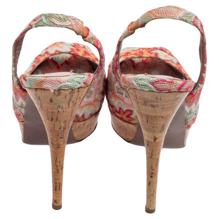 Pre Owned Missoni Multicolor Weave Fabric Peep-Toe Platform Slingback Sandals Size 39