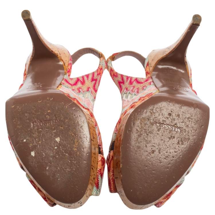 Pre Owned Missoni Multicolor Weave Fabric Peep-Toe Platform Slingback Sandals Size 39