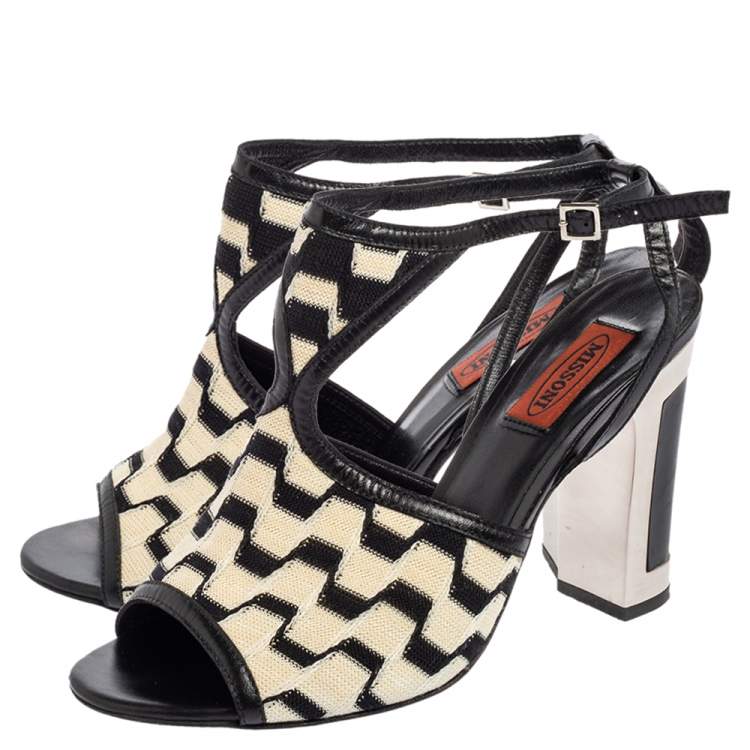 Pre Owned Missoni Cream/Black Knit Fabric and Leather Open-Toe Ankle Strap Sandals Size 39