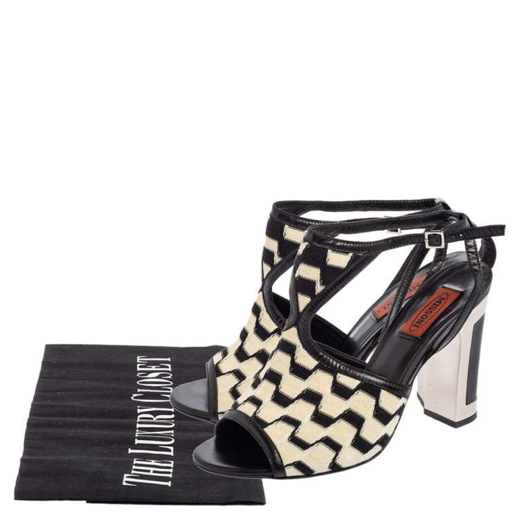 Pre Owned Missoni Cream/Black Knit Fabric and Leather Open-Toe Ankle Strap Sandals Size 39