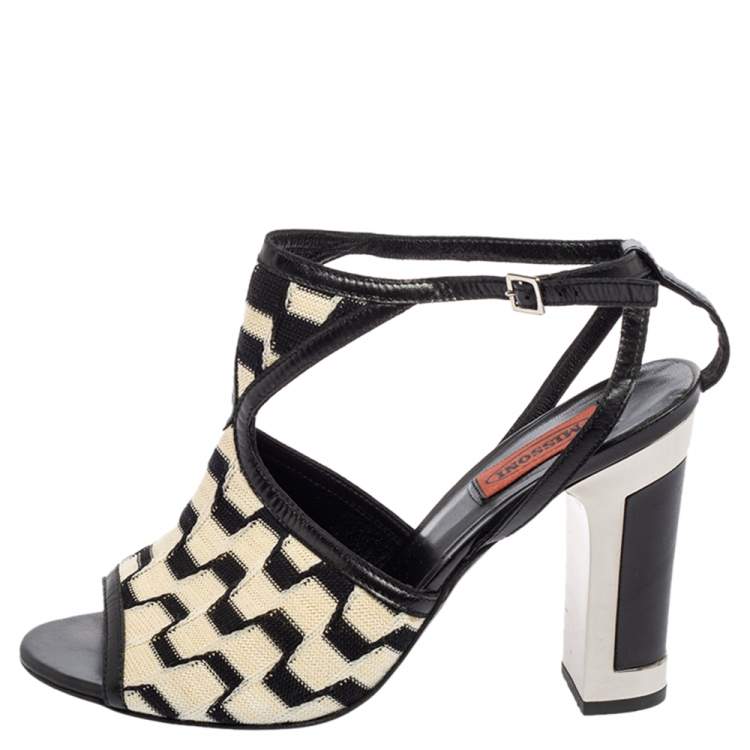 Pre Owned Missoni Cream/Black Knit Fabric and Leather Open-Toe Ankle Strap Sandals Size 39