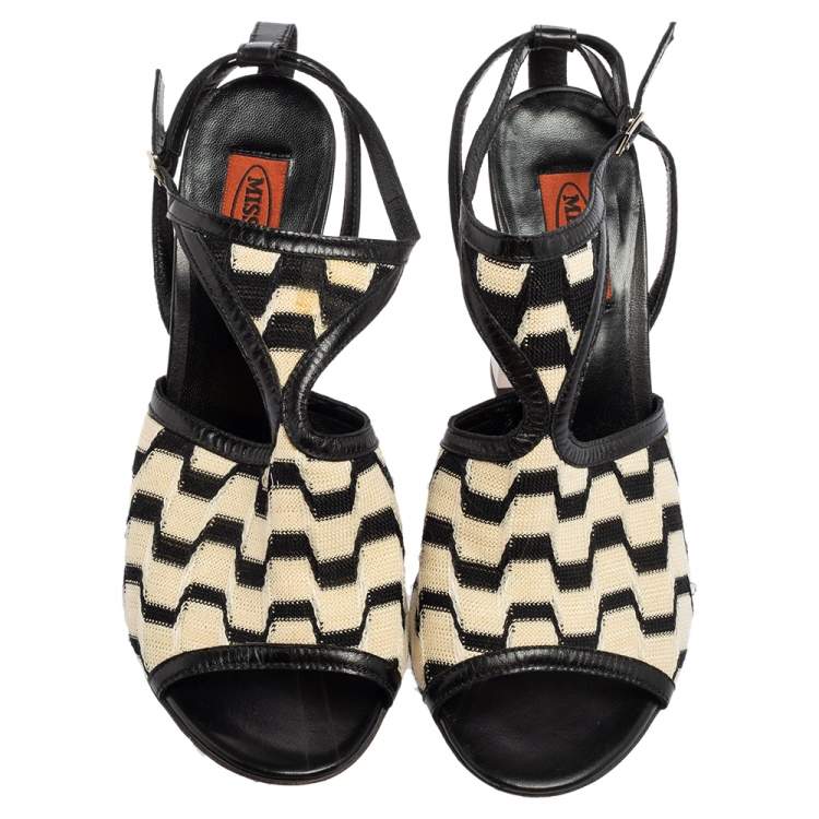 Pre Owned Missoni Cream/Black Knit Fabric and Leather Open-Toe Ankle Strap Sandals Size 39