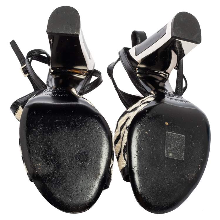 Pre Owned Missoni Cream/Black Knit Fabric and Leather Open-Toe Ankle Strap Sandals Size 39