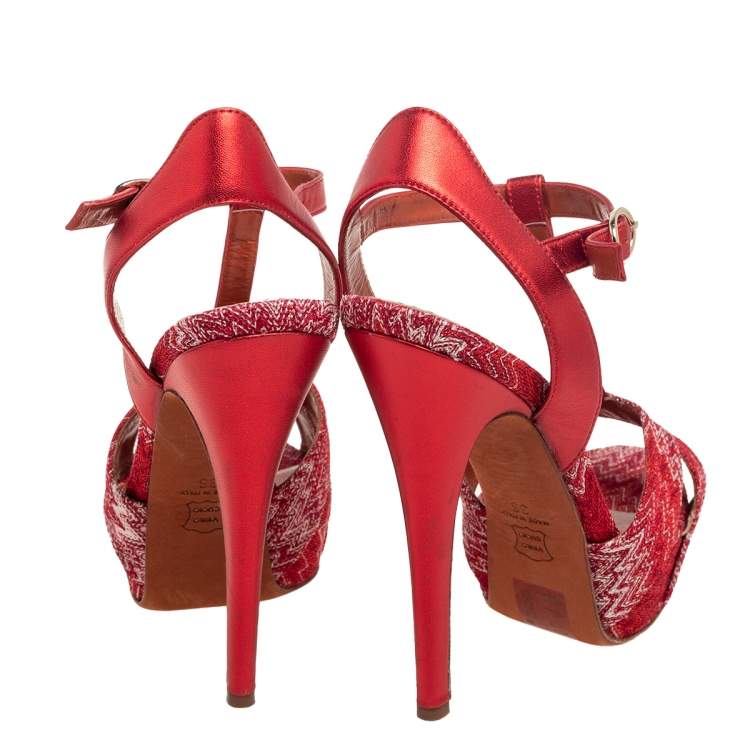 Pre Owned Missoni Red/White Knit Fabric and Leather T-Bar Platform Ankle-Strap Sandals Size 36