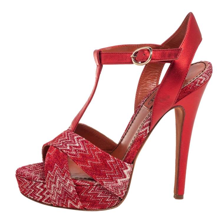 Pre Owned Missoni Red/White Knit Fabric and Leather T-Bar Platform Ankle-Strap Sandals Size 36