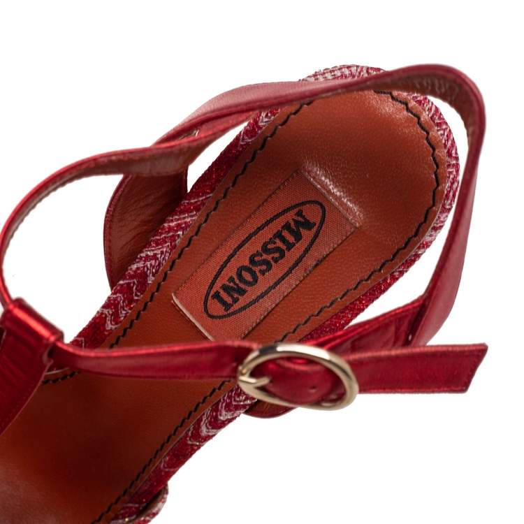 Pre Owned Missoni Red/White Knit Fabric and Leather T-Bar Platform Ankle-Strap Sandals Size 36