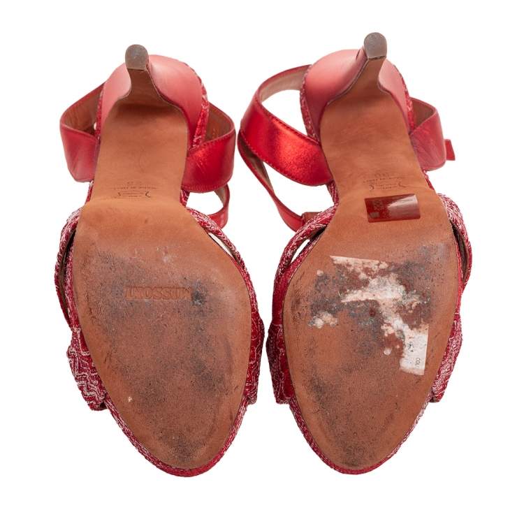Pre Owned Missoni Red/White Knit Fabric and Leather T-Bar Platform Ankle-Strap Sandals Size 36