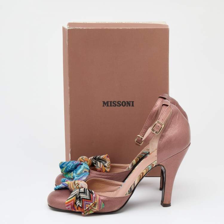 Pre Owned Missoni Brown Leather And Knit Fabric Bow D'orsay Ankle Strap Pumps Size 41