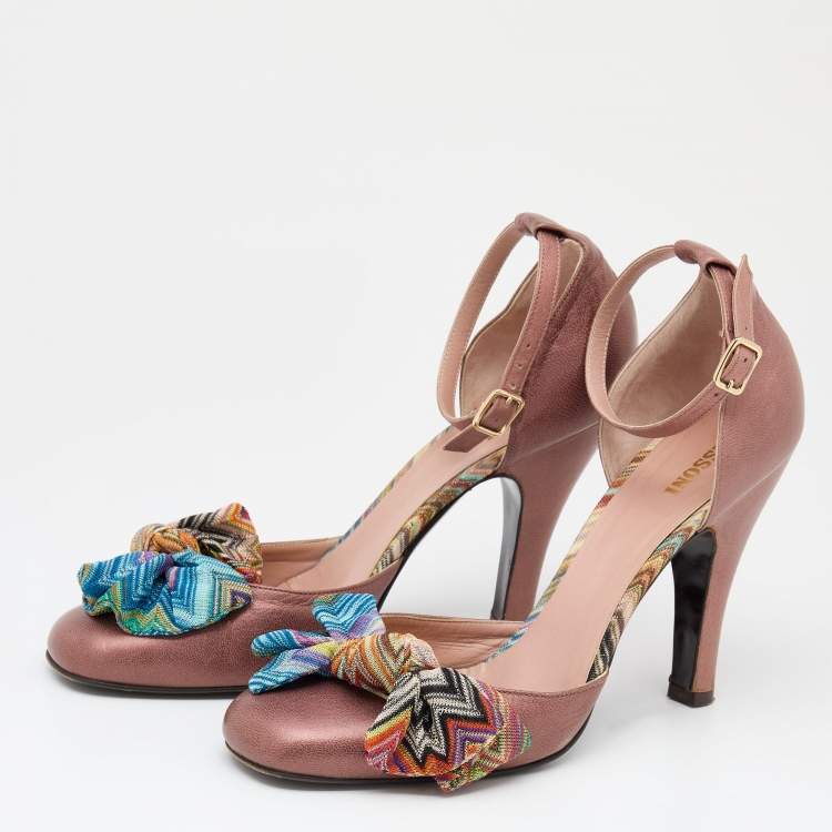 Pre Owned Missoni Brown Leather And Knit Fabric Bow D'orsay Ankle Strap Pumps Size 41