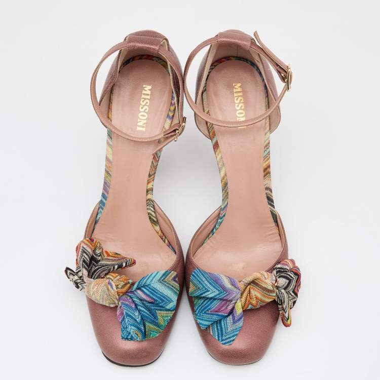 Pre Owned Missoni Brown Leather And Knit Fabric Bow D'orsay Ankle Strap Pumps Size 41