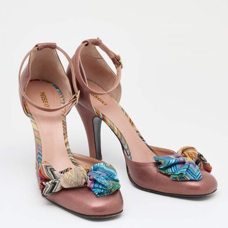 Pre Owned Missoni Brown Leather And Knit Fabric Bow D'orsay Ankle Strap Pumps Size 41