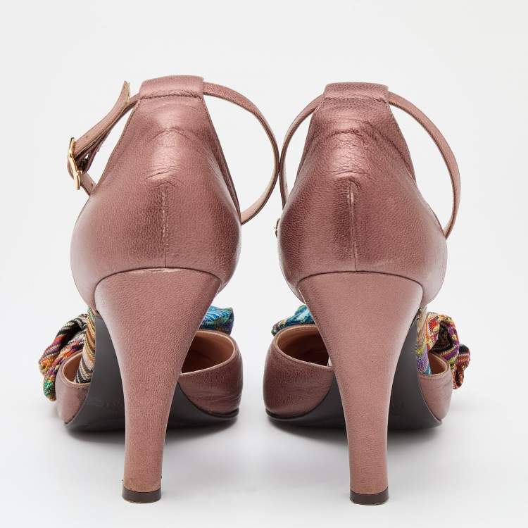 Pre Owned Missoni Brown Leather And Knit Fabric Bow D'orsay Ankle Strap Pumps Size 41