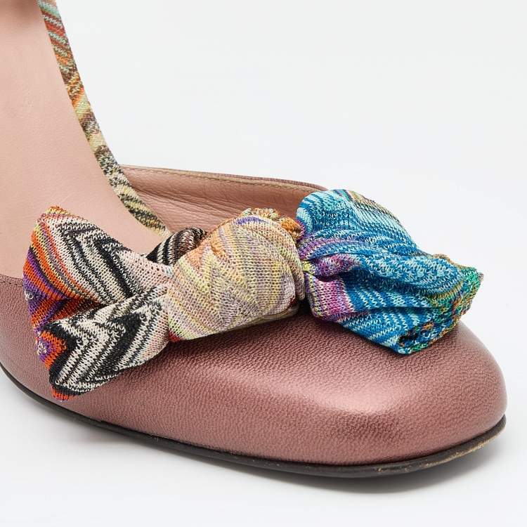 Pre Owned Missoni Brown Leather And Knit Fabric Bow D'orsay Ankle Strap Pumps Size 41