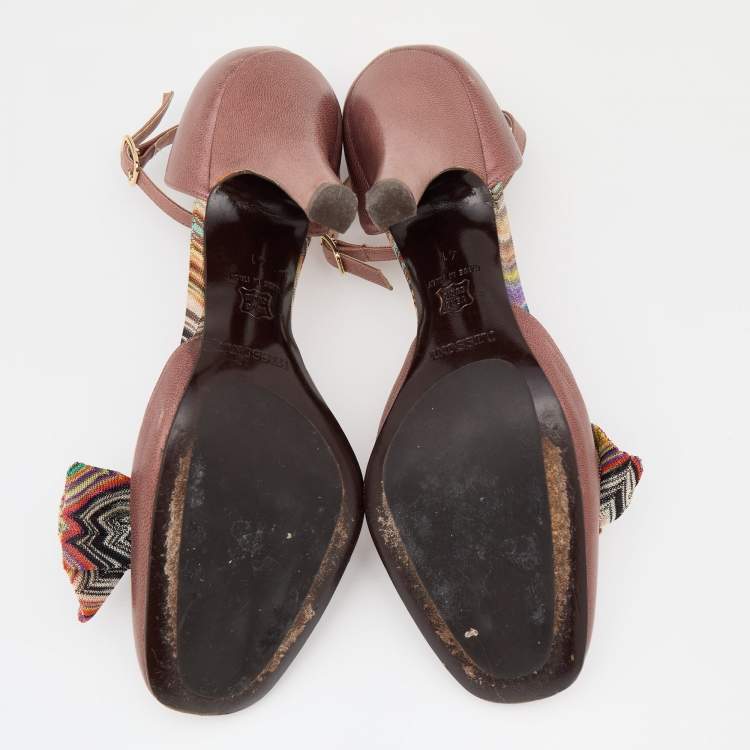 Pre Owned Missoni Brown Leather And Knit Fabric Bow D'orsay Ankle Strap Pumps Size 41