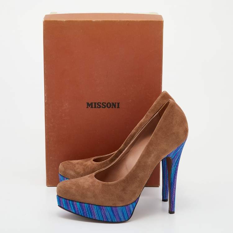 Pre Owned Missoni Brown/Blue Suede And Knit Fabric Platform Pumps Size 38