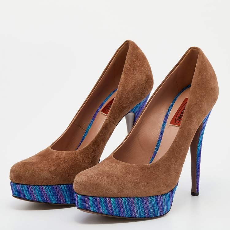 Pre Owned Missoni Brown/Blue Suede And Knit Fabric Platform Pumps Size 38