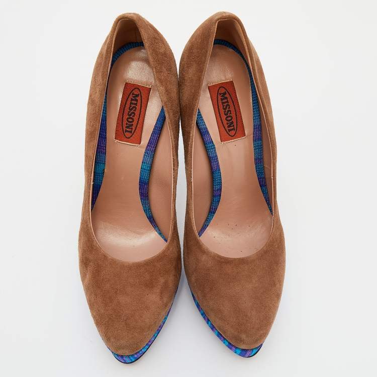 Pre Owned Missoni Brown/Blue Suede And Knit Fabric Platform Pumps Size 38