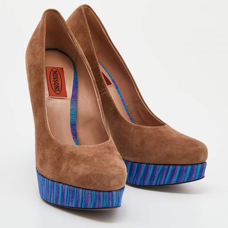 Pre Owned Missoni Brown/Blue Suede And Knit Fabric Platform Pumps Size 38